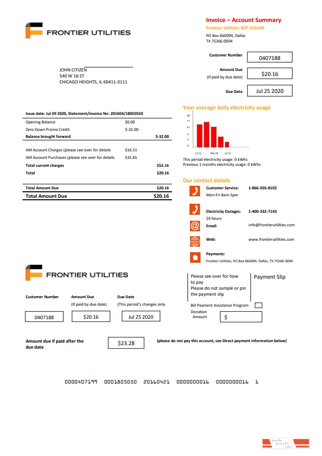 USA Texas Frontier Utilities utility bill template in Word and PDF format
